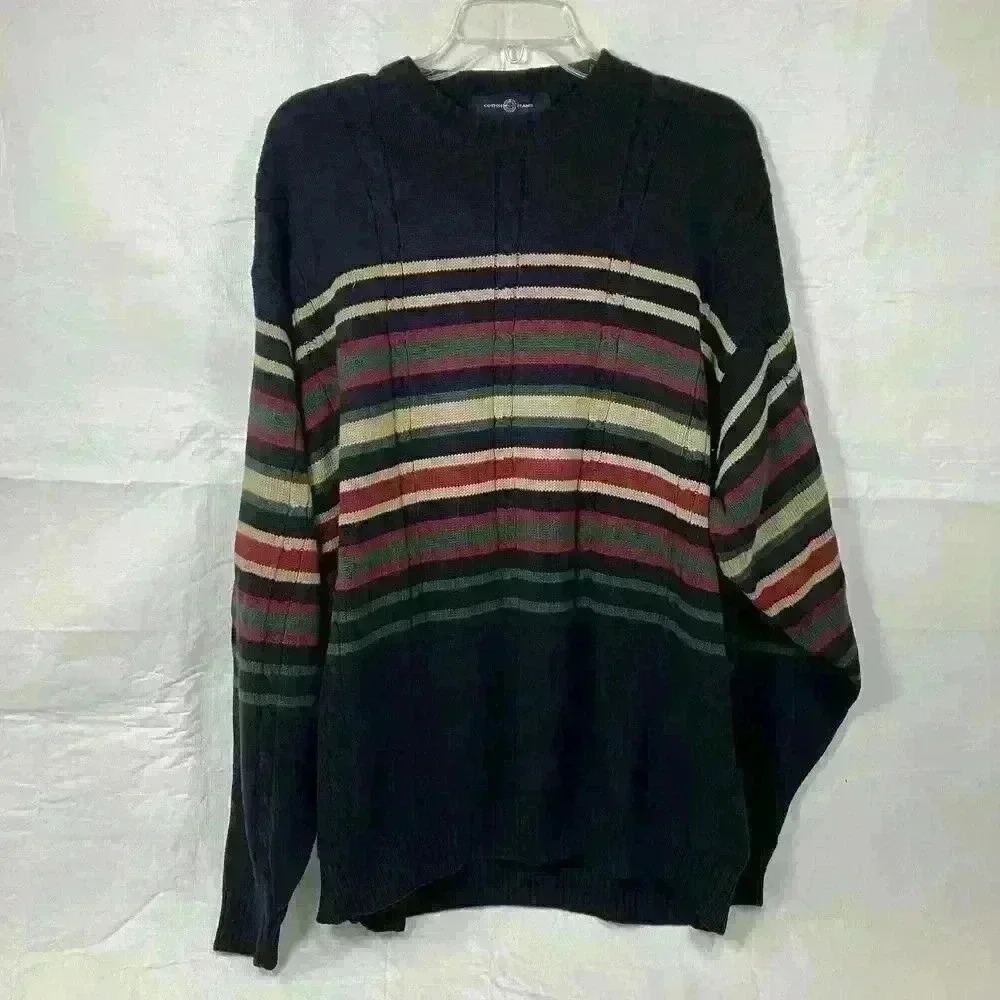 Vintage 90s Cotton Traders Mens XL Navy Blue Striped Sweater Grunge‎ Grandpacore